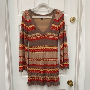 bebe Multicolor Chevron Knit Mini Dress w Bell Sleeves & Metallic Threading - S